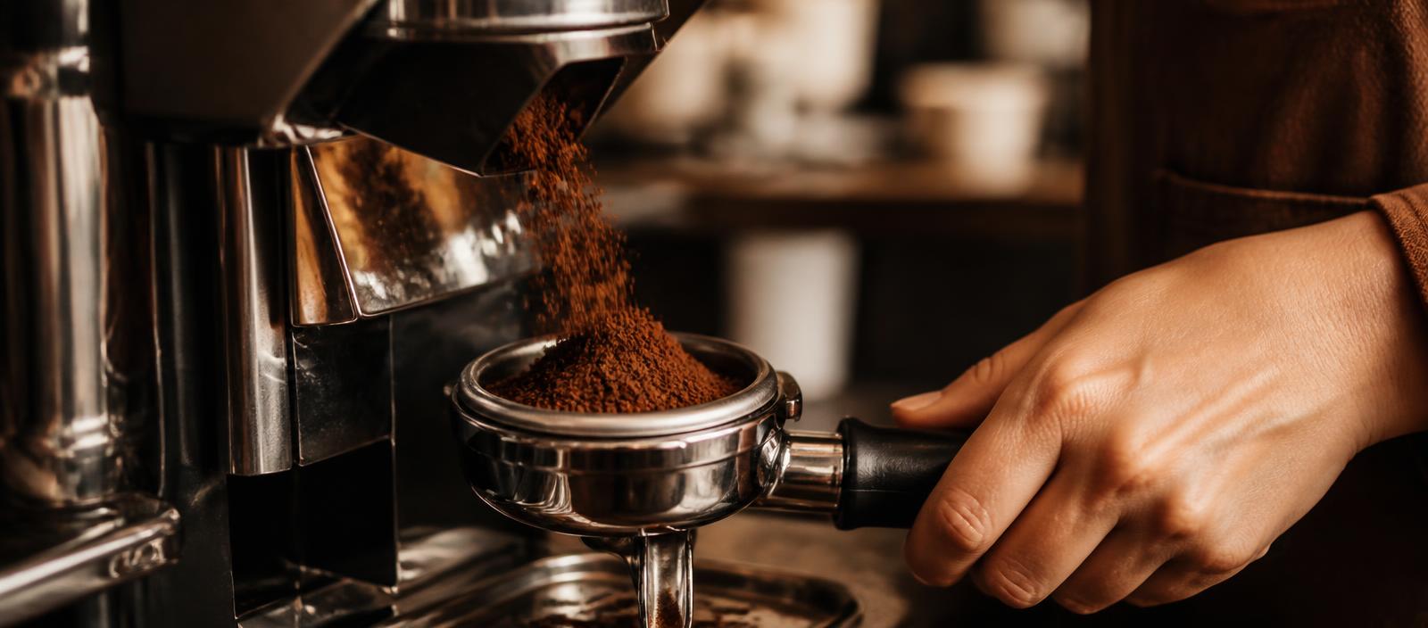 Freshly ground coffee dosed into a portafilter