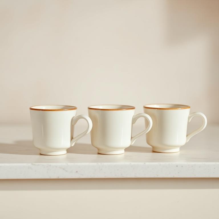 Ceramic coffee cups lined up on a pale stone counter