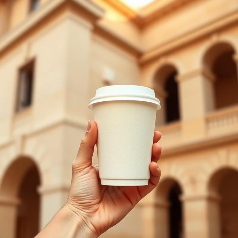 Takeaway cup held against pale architecture