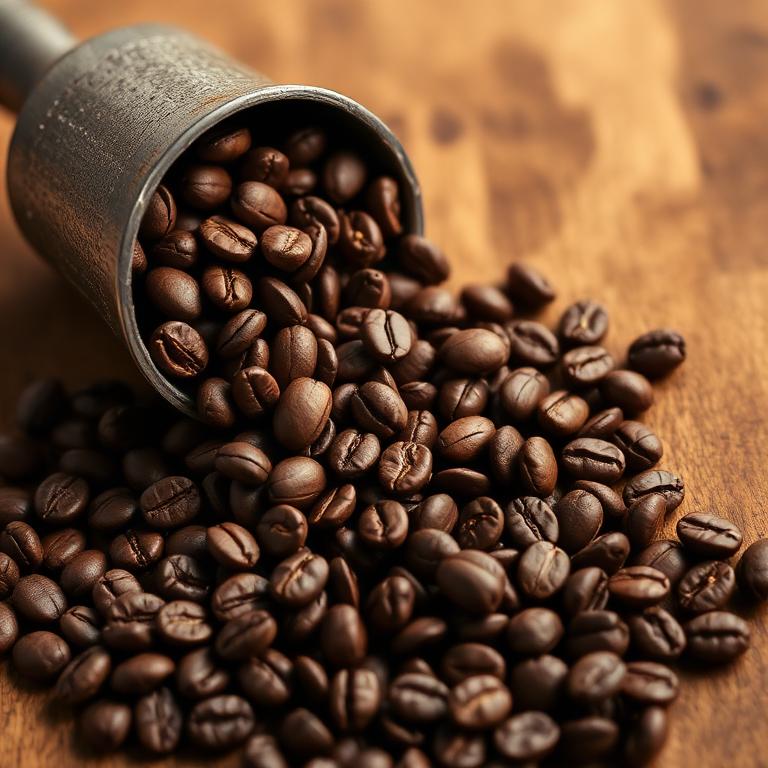 Roasted coffee beans spilling from a scoop